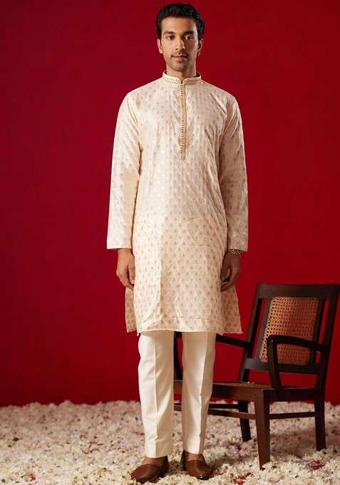 Peach Ethnic Motifs Poly Blend Kurta Set For Men
