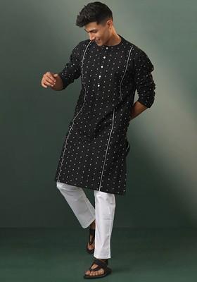 Black Geometric Print Poly Blend Kurta Set For Men