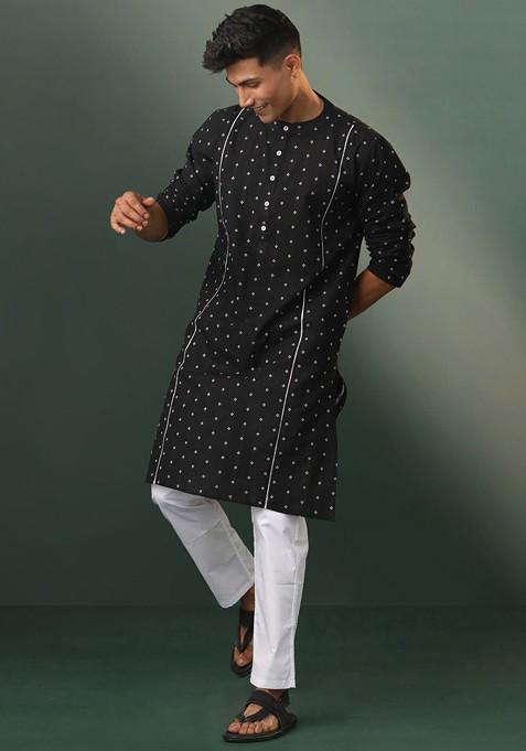 Black Geometric Print Poly Blend Kurta Set For Men — view on Indya