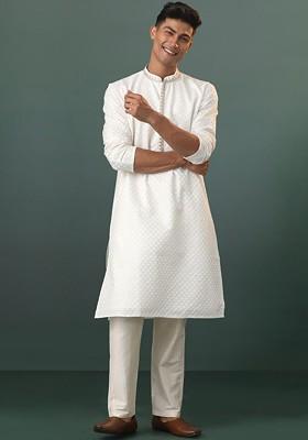 Cream Floral Print Poly Blend Kurta Set For Men