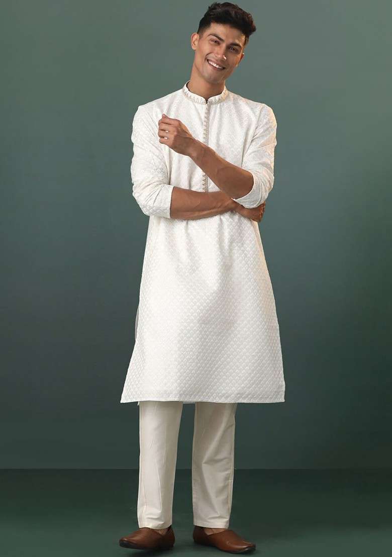Cream Floral Print Poly Blend Kurta Set For Men - Indya