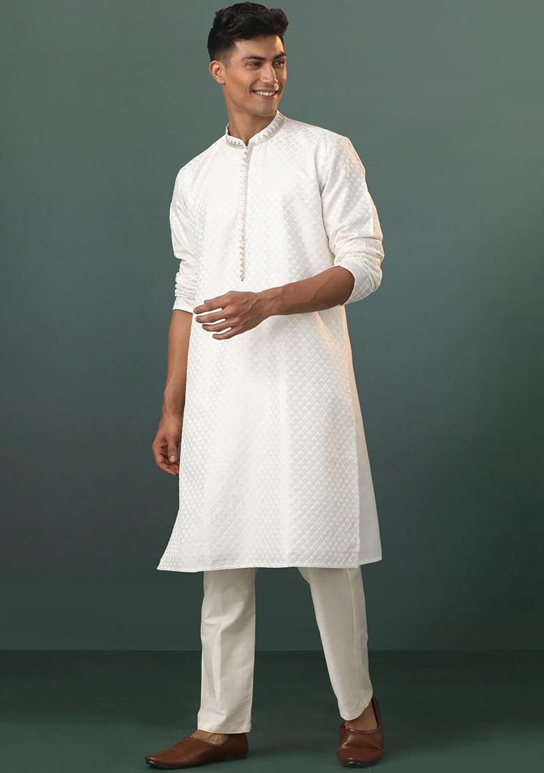Cream Floral Print Poly Blend Kurta Set For Men