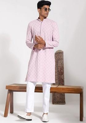 Pink Embroidered Poly Blend Kurta Set For Men