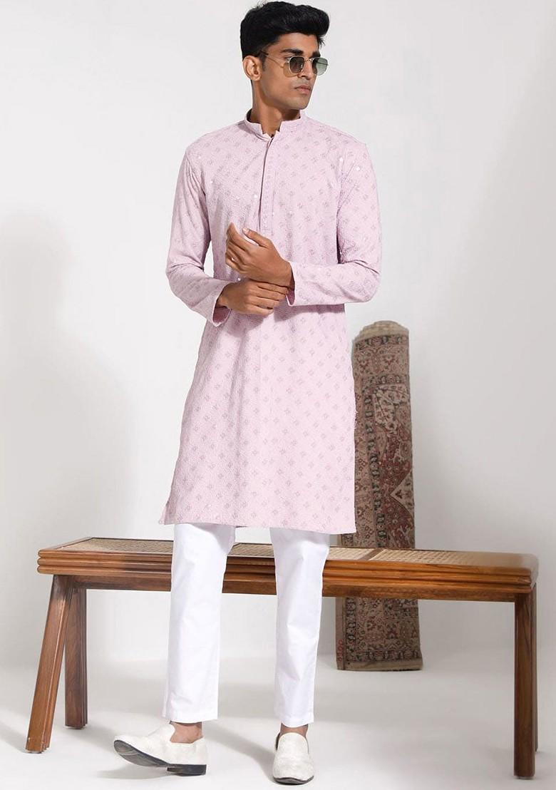 Pink Embroidered Poly Blend Kurta Set For Men