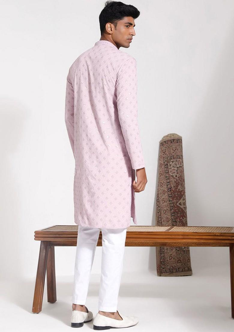 Pink Embroidered Poly Blend Kurta Set For Men