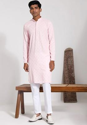 Pink Embroidered Poly Blend Kurta Set For Men