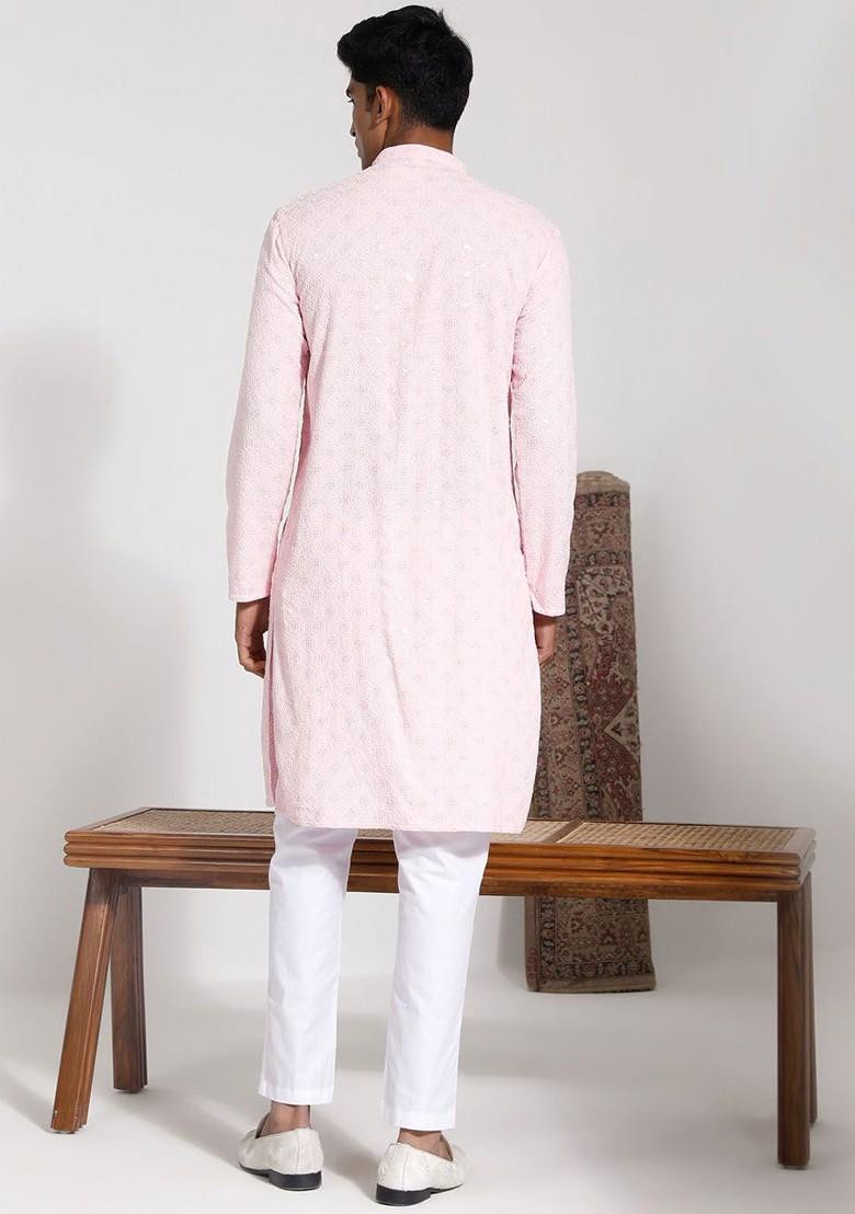 Pink Embroidered Poly Blend Kurta Set For Men