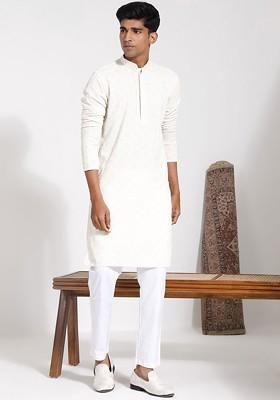 Cream Embroidered Poly Blend Kurta Set For Men