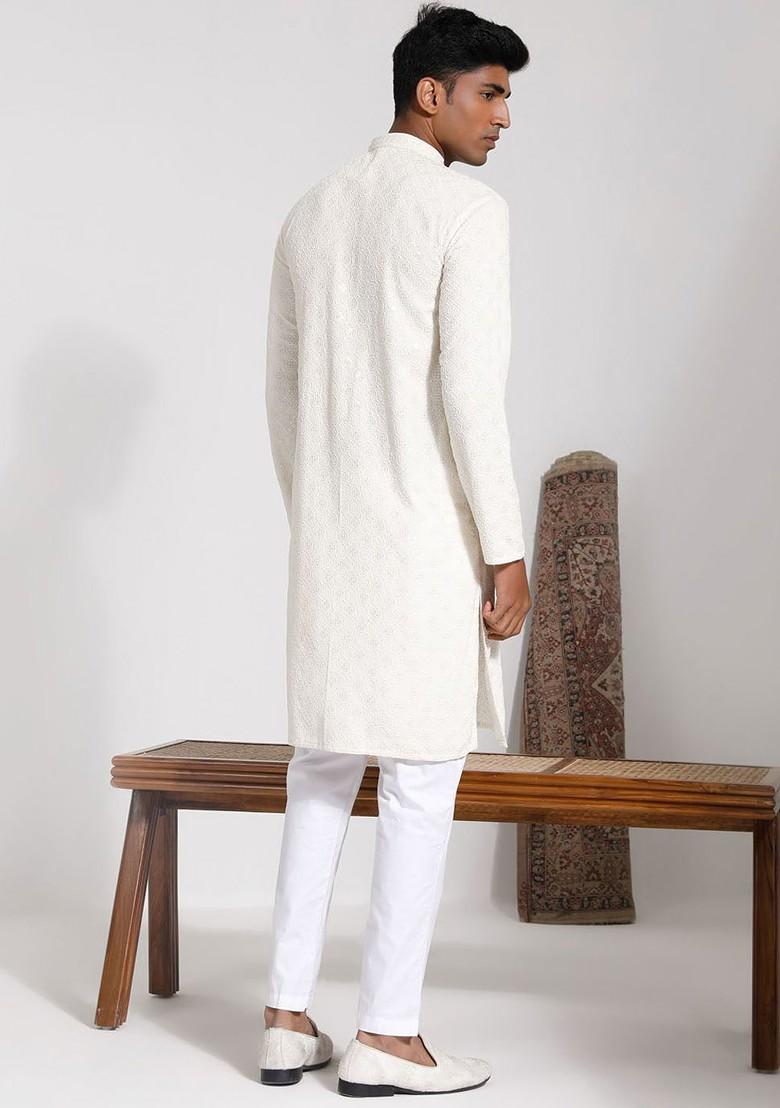 Cream Embroidered Poly Blend Kurta Set For Men