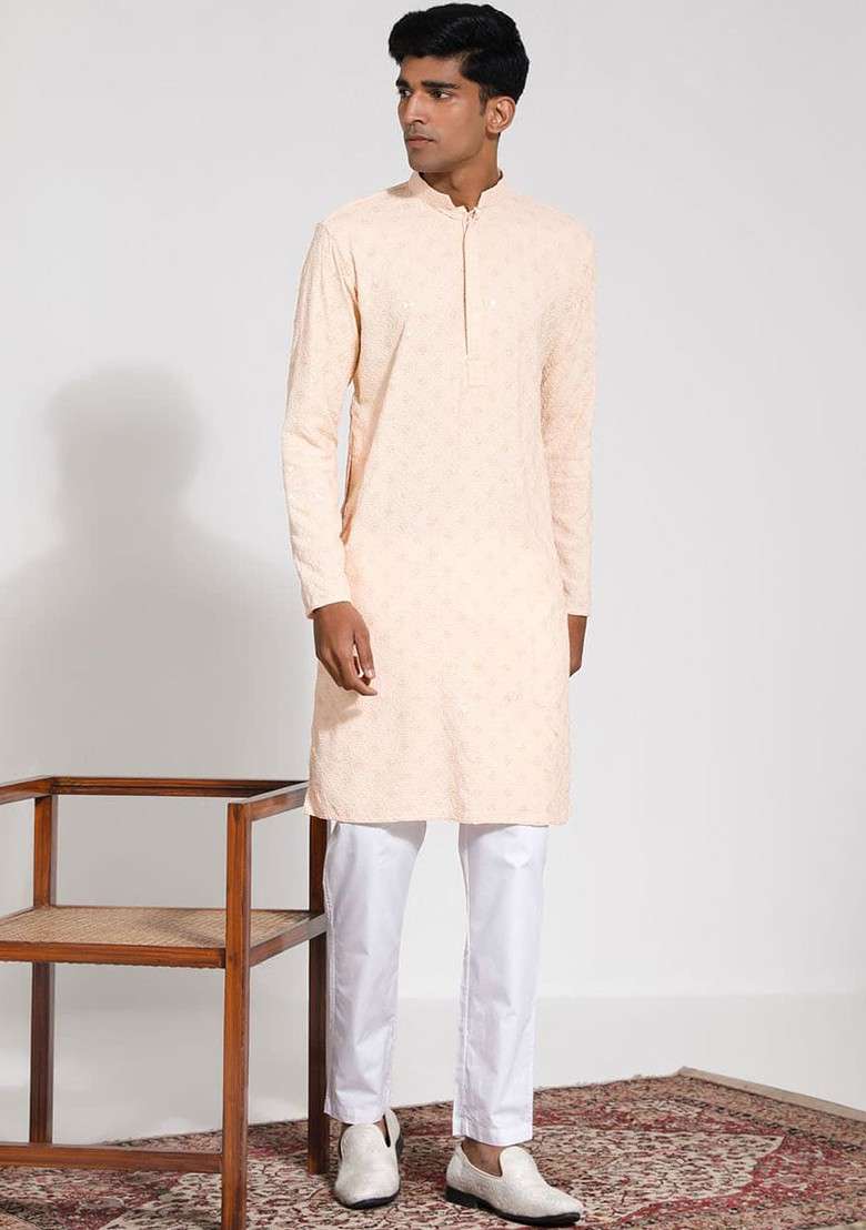 Peach Embroidered Poly Blend Kurta Set For Men - Indya