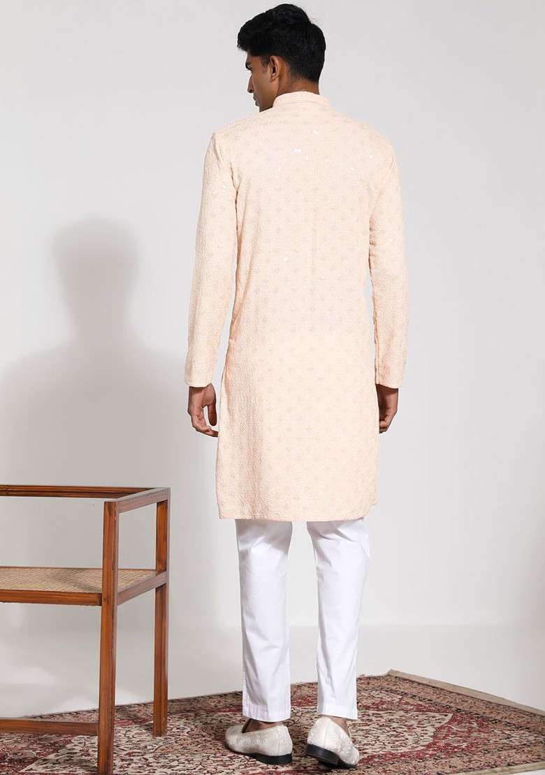 Peach Embroidered Poly Blend Kurta Set For Men - Indya