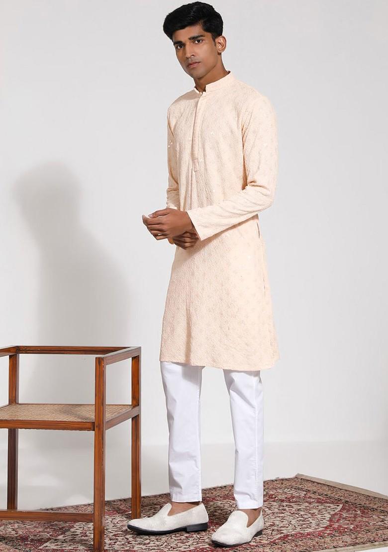 Peach Embroidered Poly Blend Kurta Set For Men