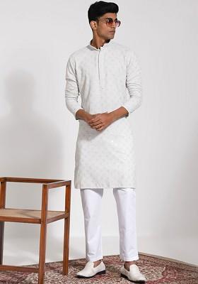 Grey Embroidered Poly Blend Kurta Set For Men