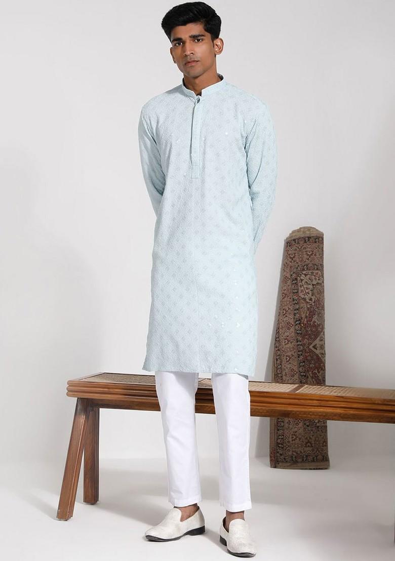 Blue Embroidered Poly Blend Kurta Set For Men