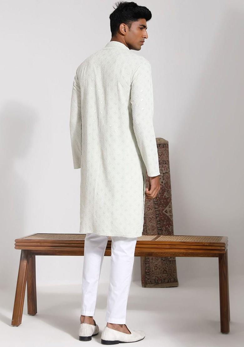 Green Embroidered Poly Blend Kurta Set For Men