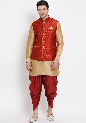 Rose Gold Solid Poly Blend Kurta Set For Men