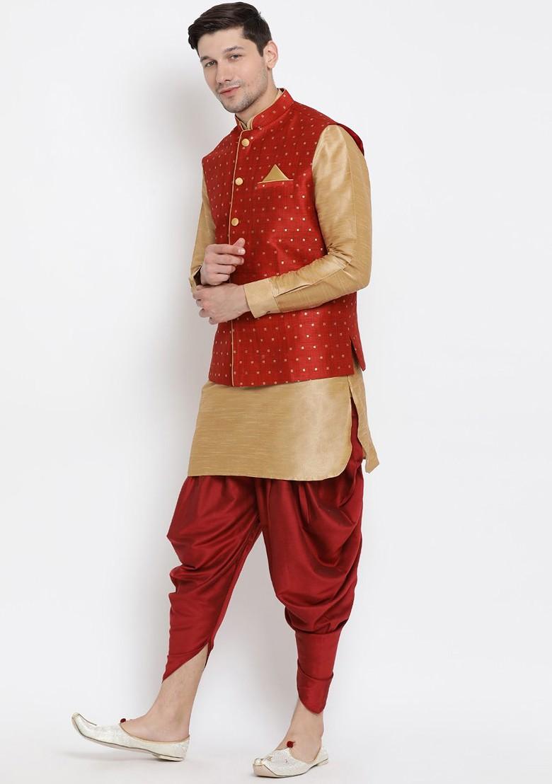 Rose Gold Solid Poly Blend Kurta Set For Men