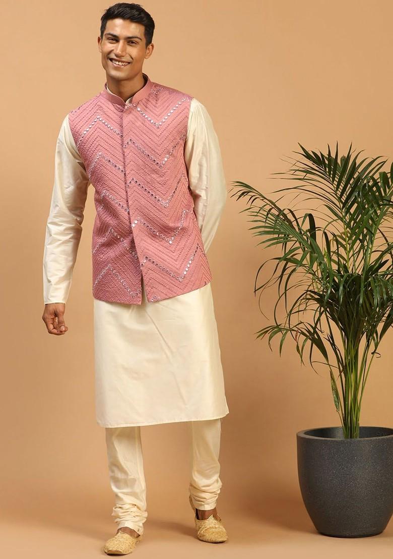 Cream Mirror Work Poly Blend Kurta Set For Men