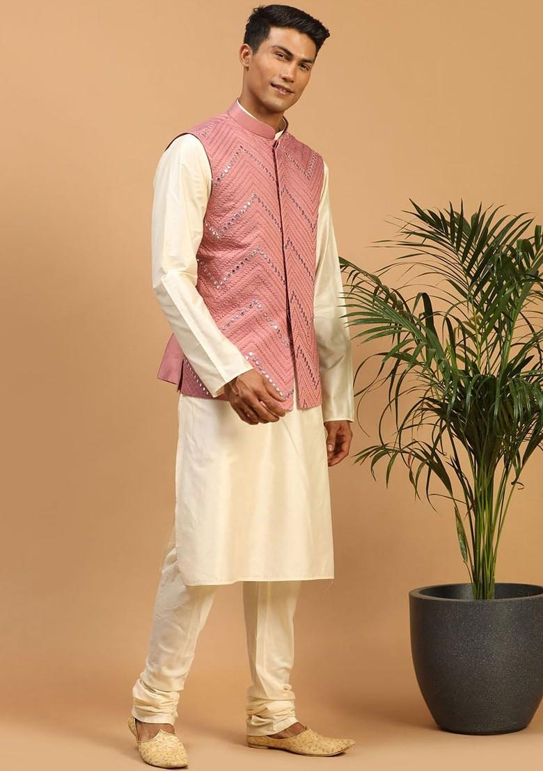 Cream Mirror Work Poly Blend Kurta Set For Men