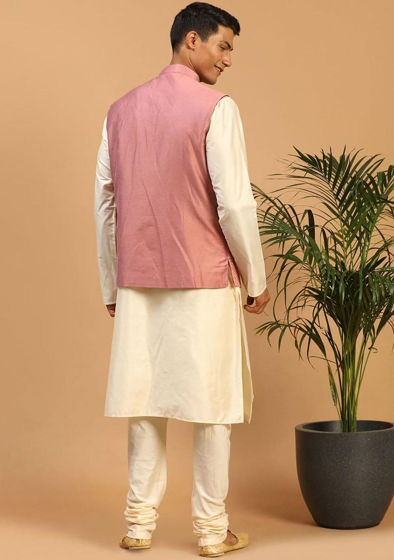 Cream Mirror Work Poly Blend Kurta Set For Men