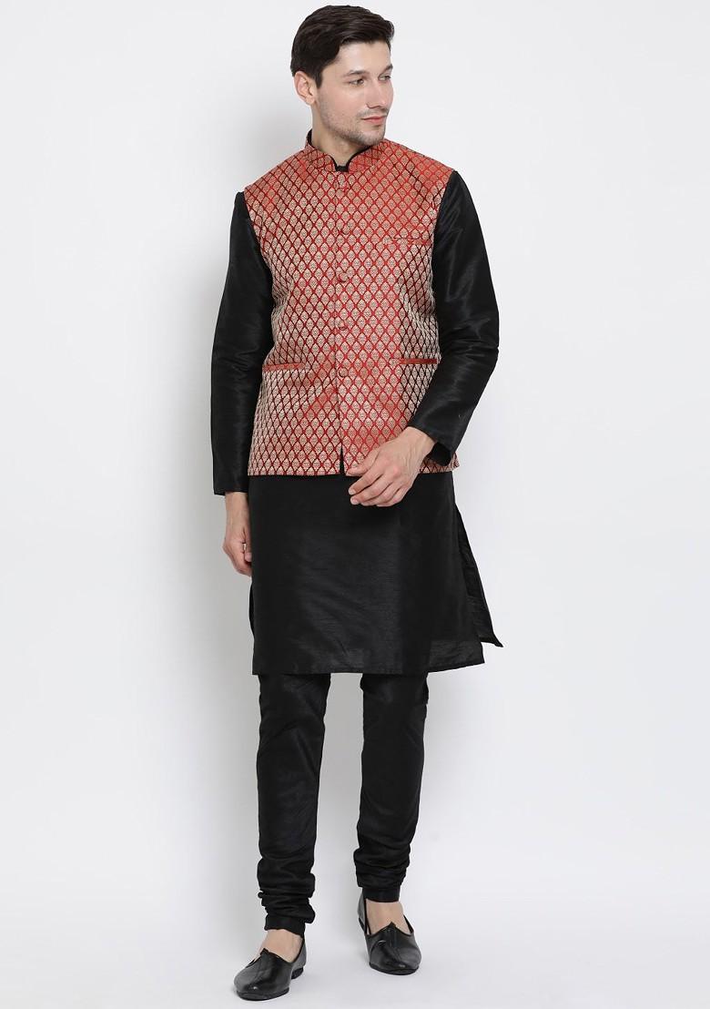 Black Woven Poly Blend Kurta Set For Men