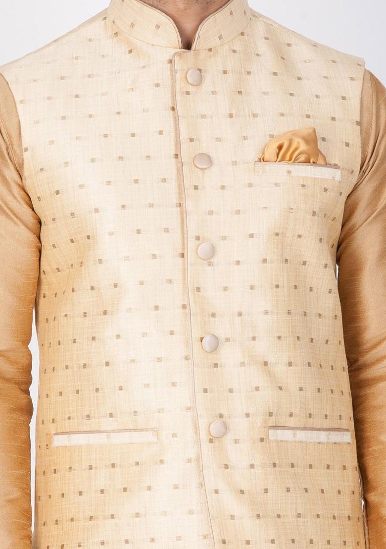 Gold Solid Poly Blend Kurta Set For Men