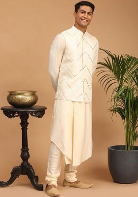 Cream Mirror Work Poly Blend Kurta Set For Men