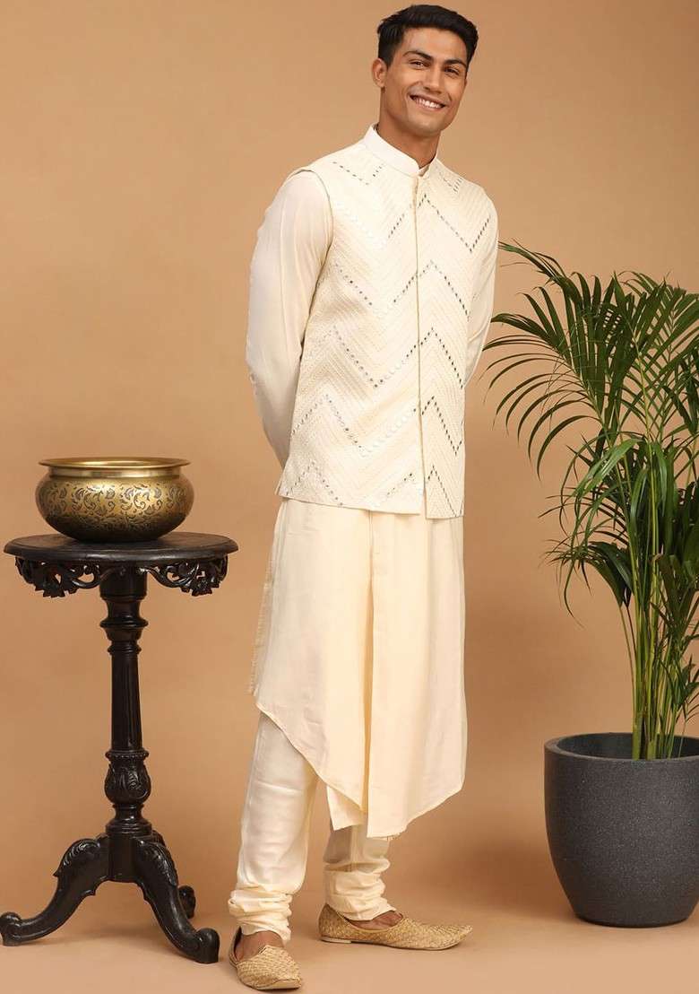 Cream Mirror Work Poly Blend Kurta Set For Men - Indya