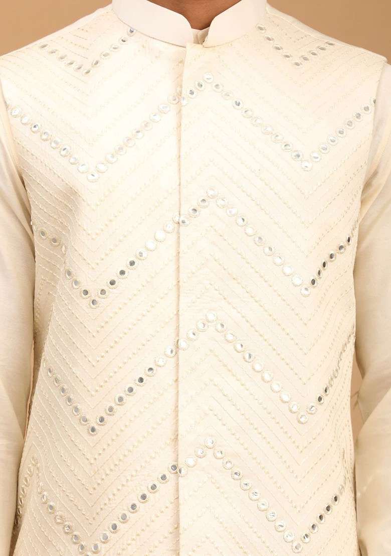 Cream Mirror Work Poly Blend Kurta Set For Men - Indya