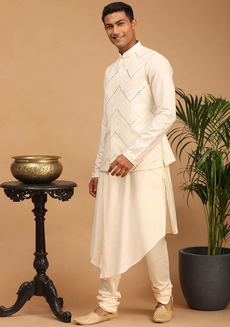 Cream Mirror Work Poly Blend Kurta Set For Men