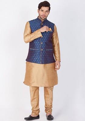 Rose Gold Woven Poly Blend Kurta Set For Men
