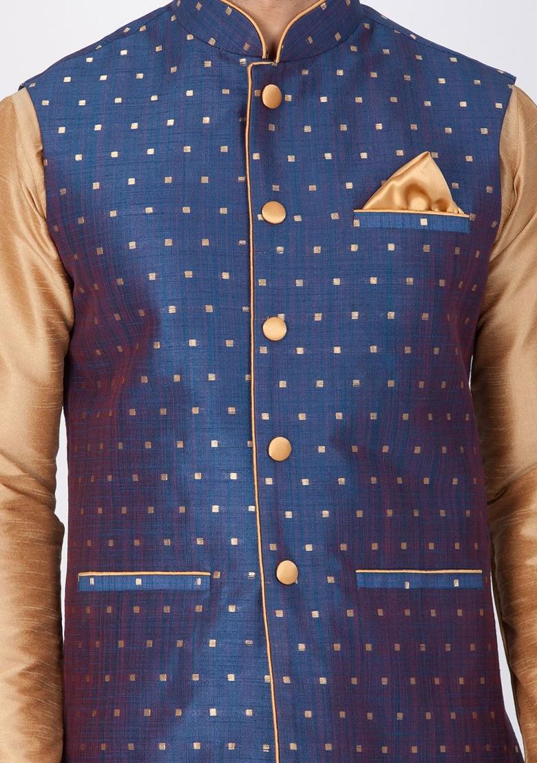 Rose Gold Woven Poly Blend Kurta Set For Men