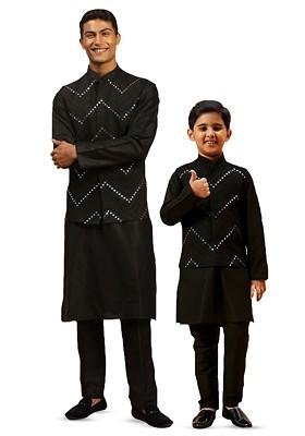 Black Mirror Work Poly Blend Kurta Set For Men
