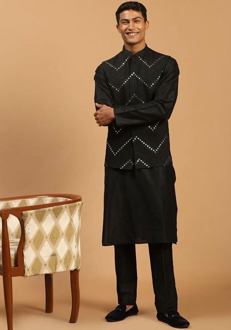 Black Mirror Work Poly Blend Kurta Set For Men