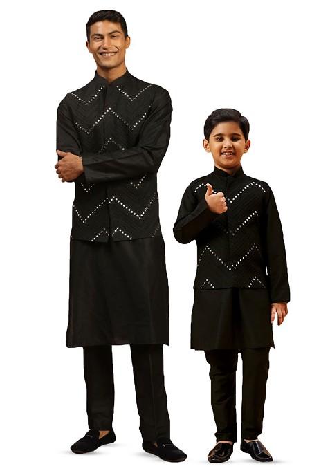 Black Mirror Work Poly Blend Kurta Set For Men