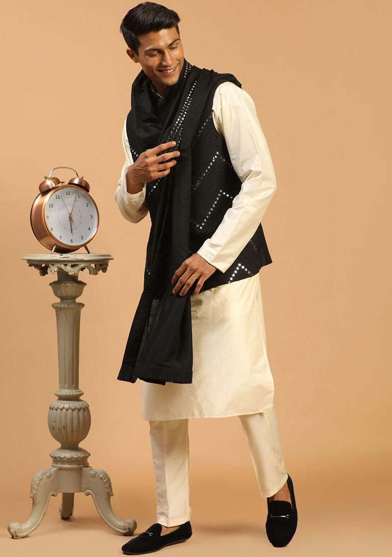 Cream Mirror Work Poly Blend Kurta Set For Men
