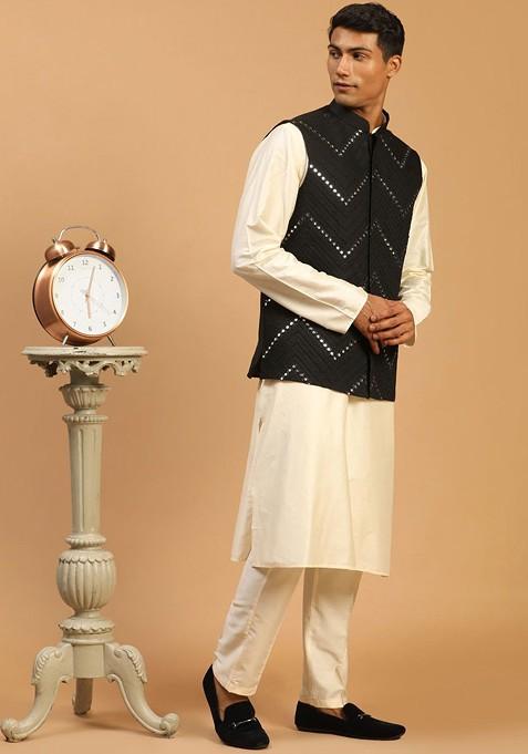Cream Mirror Work Poly Blend Kurta Set For Men