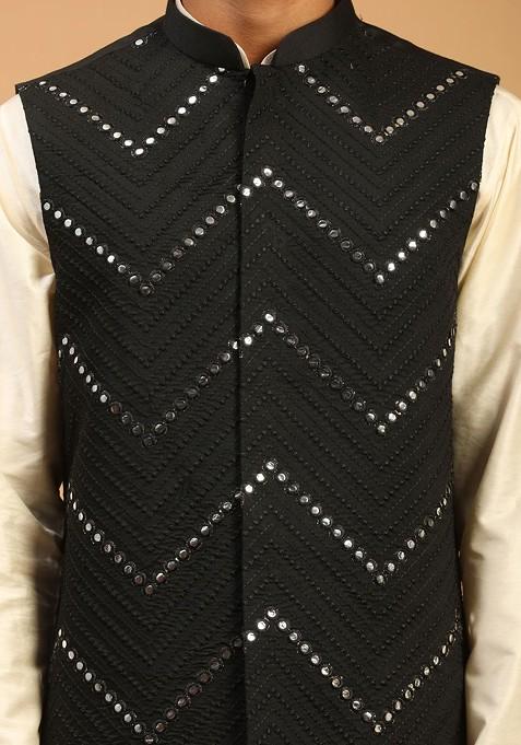 Cream Mirror Work Poly Blend Kurta Set For Men