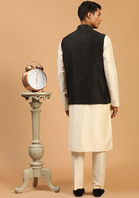 Cream Mirror Work Poly Blend Kurta Set For Men