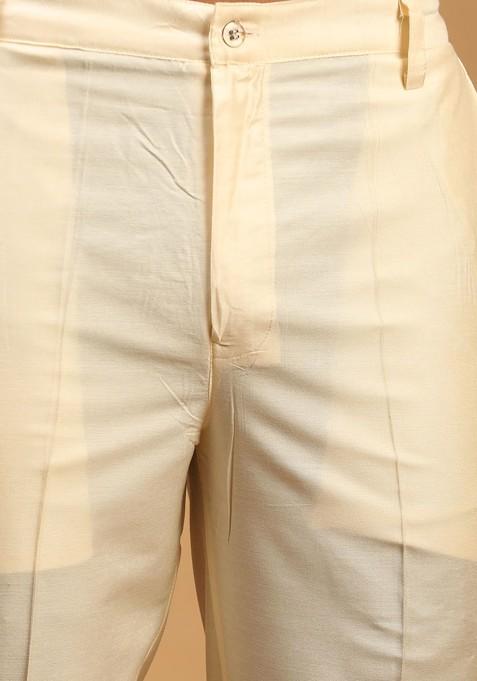 Cream Mirror Work Poly Blend Kurta Set For Men