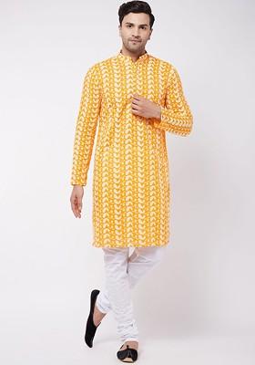 Orange Floral Print Cotton Kurta Set For Men