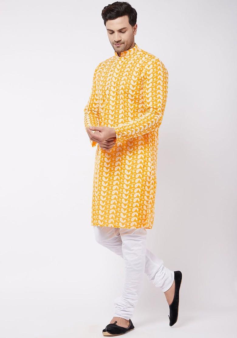 Orange Floral Print Cotton Kurta Set For Men