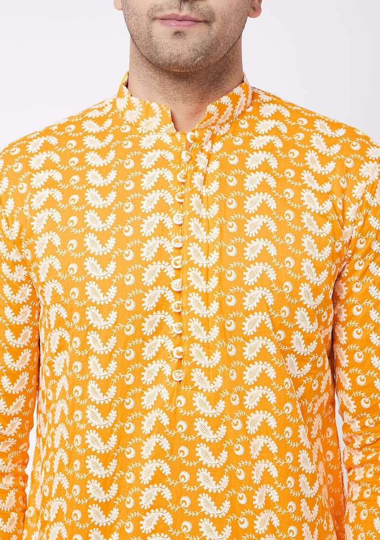 Orange Floral Print Cotton Kurta Set For Men - Indya