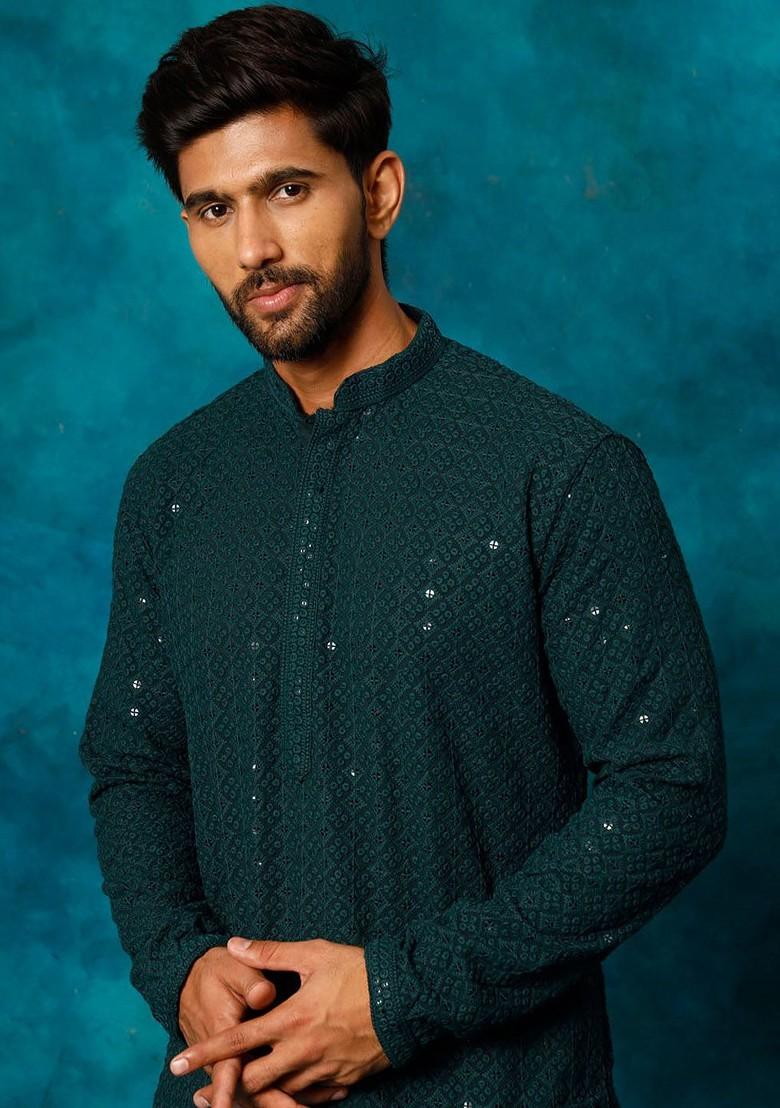 Green Floral Print Poly Blend Kurta Set For Men