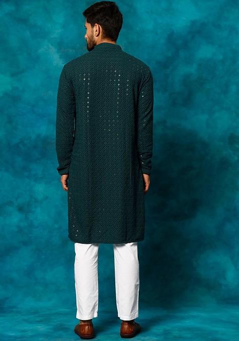 Green Floral Print Poly Blend Kurta Set For Men
