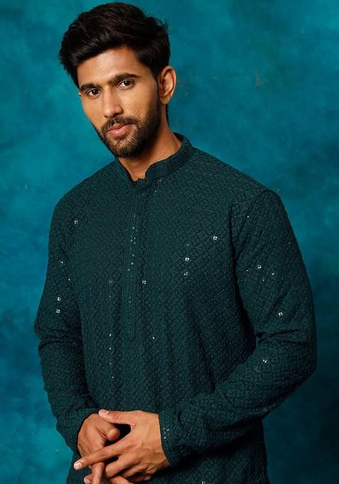 Green Floral Print Poly Blend Kurta Set For Men