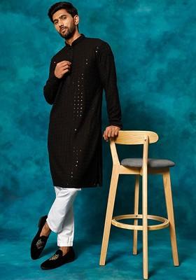 Black Ethnic Motifs Poly Blend Kurta Set For Men