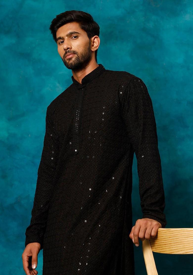 Black Ethnic Motifs Poly Blend Kurta Set For Men