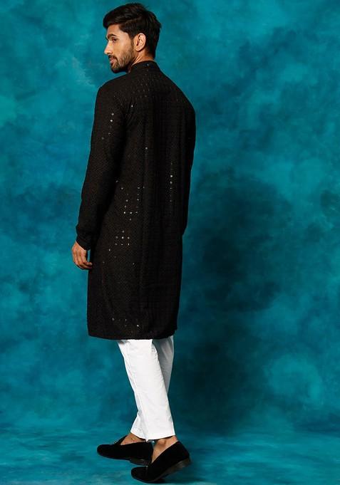 Black Ethnic Motifs Poly Blend Kurta Set For Men