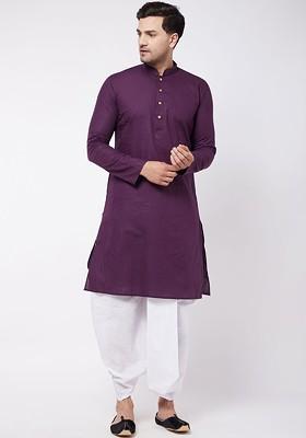 Purple Solid Poly Blend Kurta Set For Men